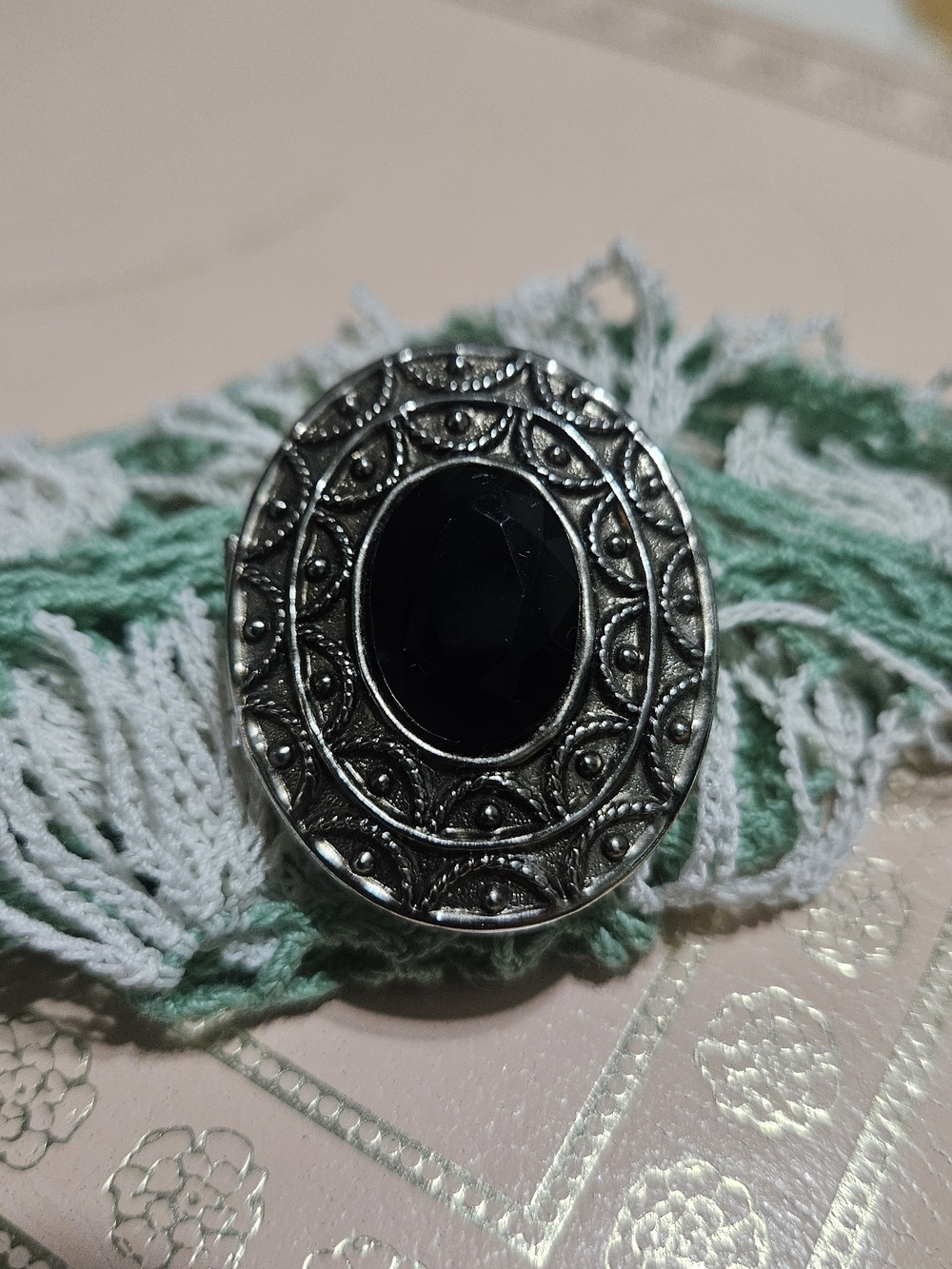 Vintage 1966 Avon Black and Silver Oval Filigree Brooch